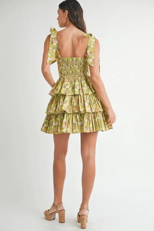MABLE Floral Print Shoulder Tie Layered Mini Dress - BlissfulBody.Boutique