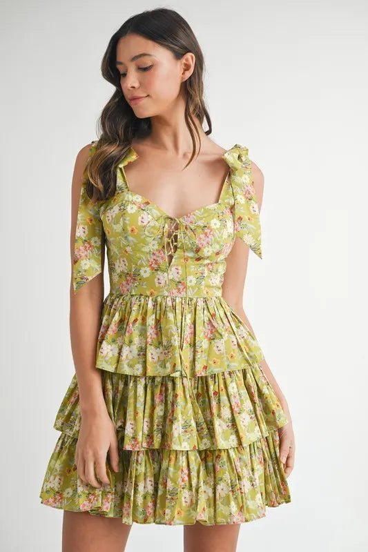 MABLE Floral Print Shoulder Tie Layered Mini Dress - BlissfulBody.Boutique