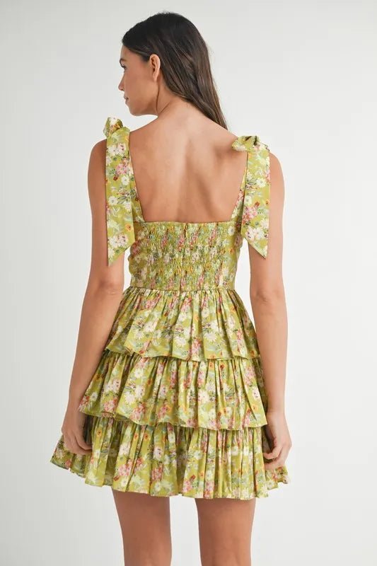 MABLE Floral Print Shoulder Tie Layered Mini Dress - BlissfulBody.Boutique