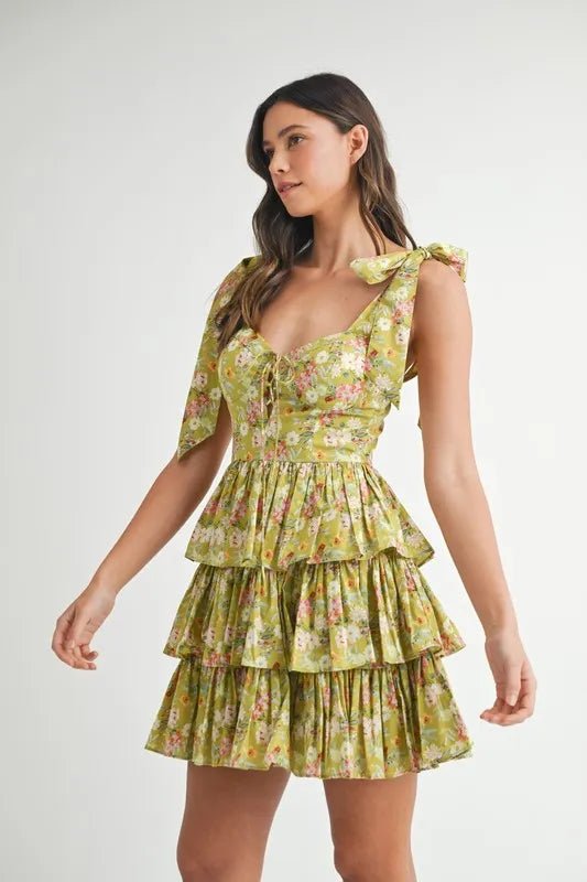 MABLE Floral Print Shoulder Tie Layered Mini Dress - BlissfulBody.Boutique
