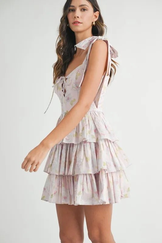 MABLE Floral Print Shoulder Tie Layered Mini Dress - BlissfulBody.Boutique