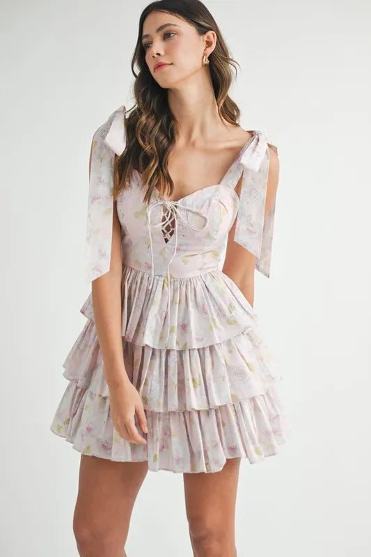 MABLE Floral Print Shoulder Tie Layered Mini Dress - BlissfulBody.Boutique