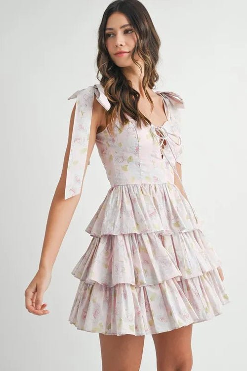 MABLE Floral Print Shoulder Tie Layered Mini Dress - BlissfulBody.Boutique