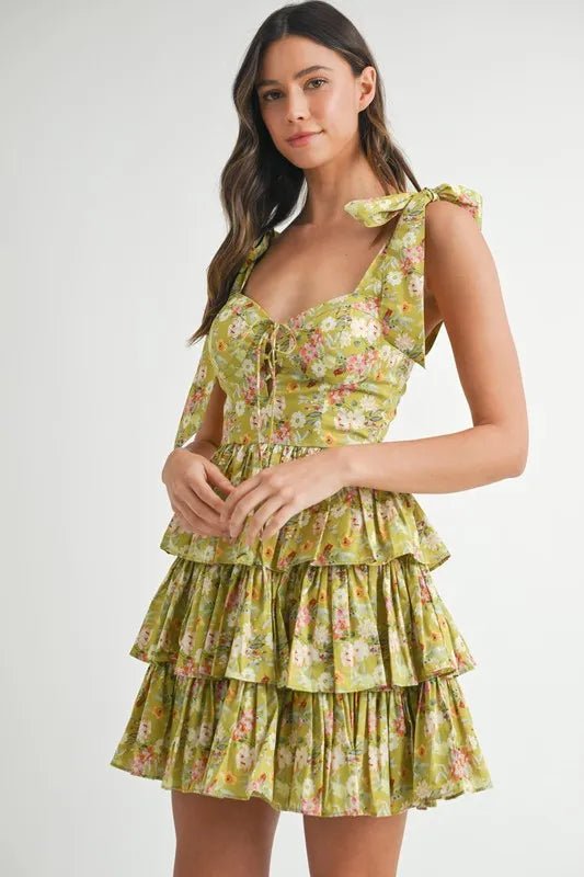 MABLE Floral Print Shoulder Tie Layered Mini Dress - BlissfulBody.Boutique