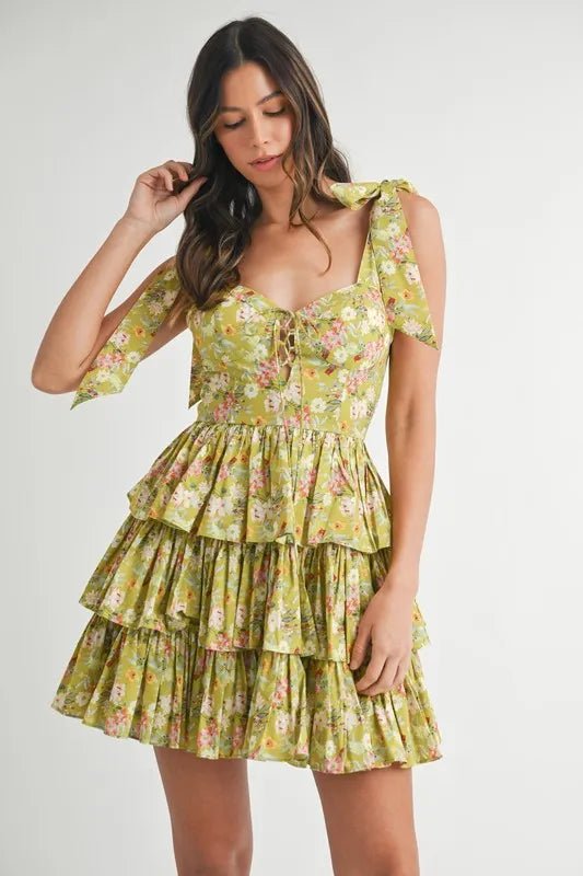 MABLE Floral Print Shoulder Tie Layered Mini Dress - BlissfulBody.Boutique