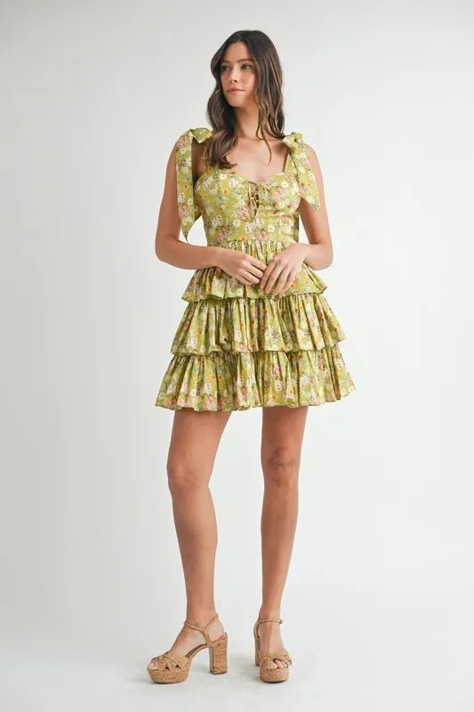 MABLE Floral Print Shoulder Tie Layered Mini Dress - BlissfulBody.Boutique