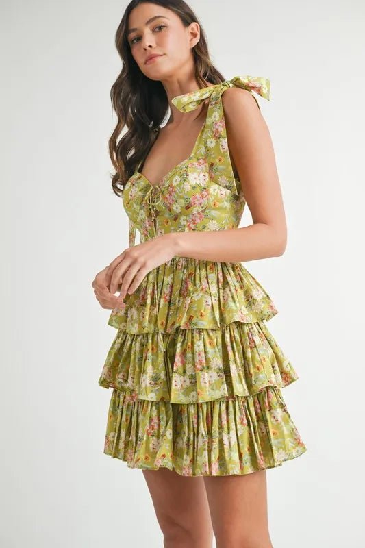MABLE Floral Print Shoulder Tie Layered Mini Dress - BlissfulBody.Boutique