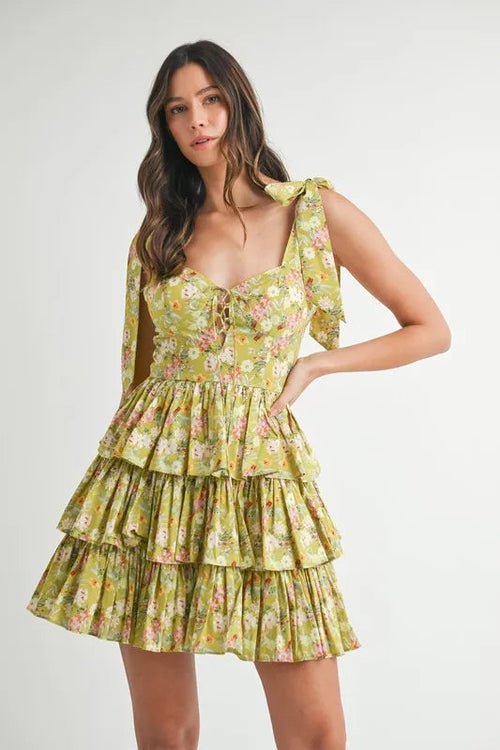 MABLE Floral Print Shoulder Tie Layered Mini Dress - BlissfulBody.Boutique
