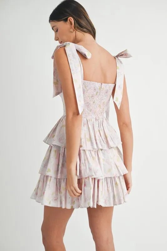 MABLE Floral Print Shoulder Tie Layered Mini Dress - BlissfulBody.Boutique