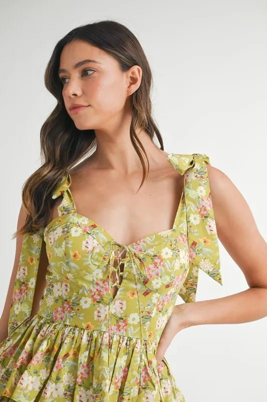 MABLE Floral Print Shoulder Tie Layered Mini Dress - BlissfulBody.Boutique