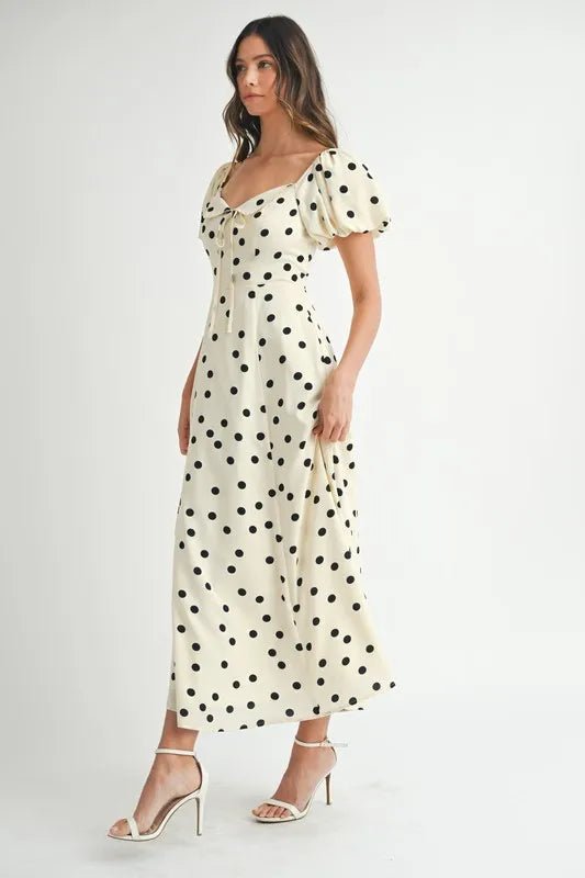 MABLE Polka Dot Puff Sleeve Midi Dress - BlissfulBody.Boutique