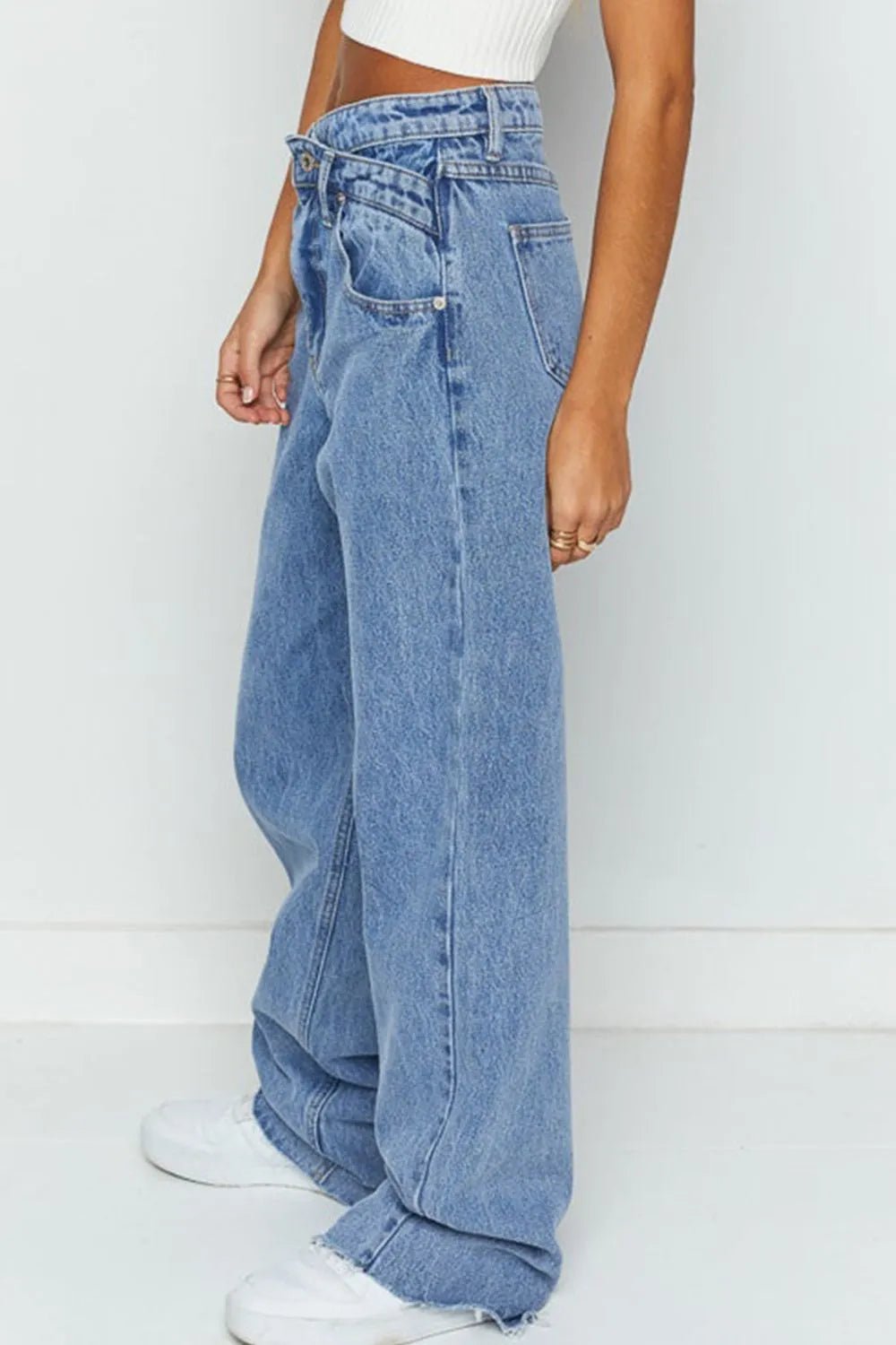 Mid Rise Asymmetrical Waist Wide Leg Jeans - BlissfulBody.Boutique
