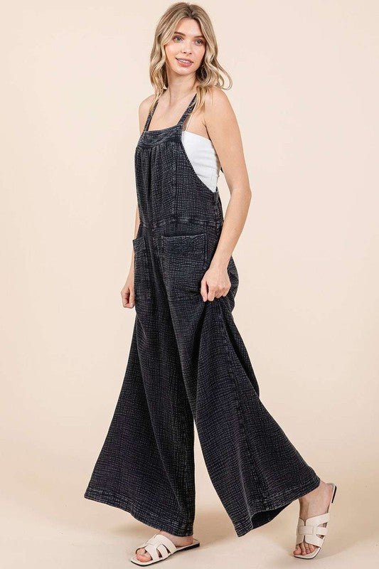 Mittoshop Textured Wide Leg Overalls Black - BlissfulBody.Boutique