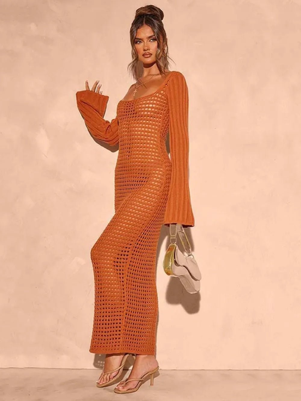 Openwork Square Neck Flare Sleeve Cover - Up Dress - BlissfulBody.Boutique