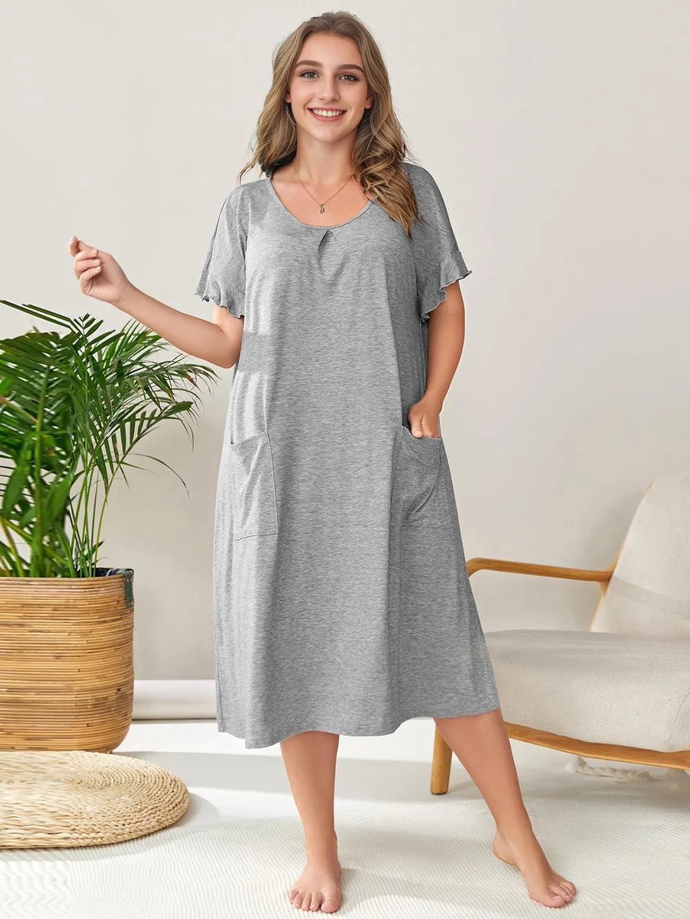 Plus Size Round Neck Short Sleeve Lounge Dress - BlissfulBody.Boutique