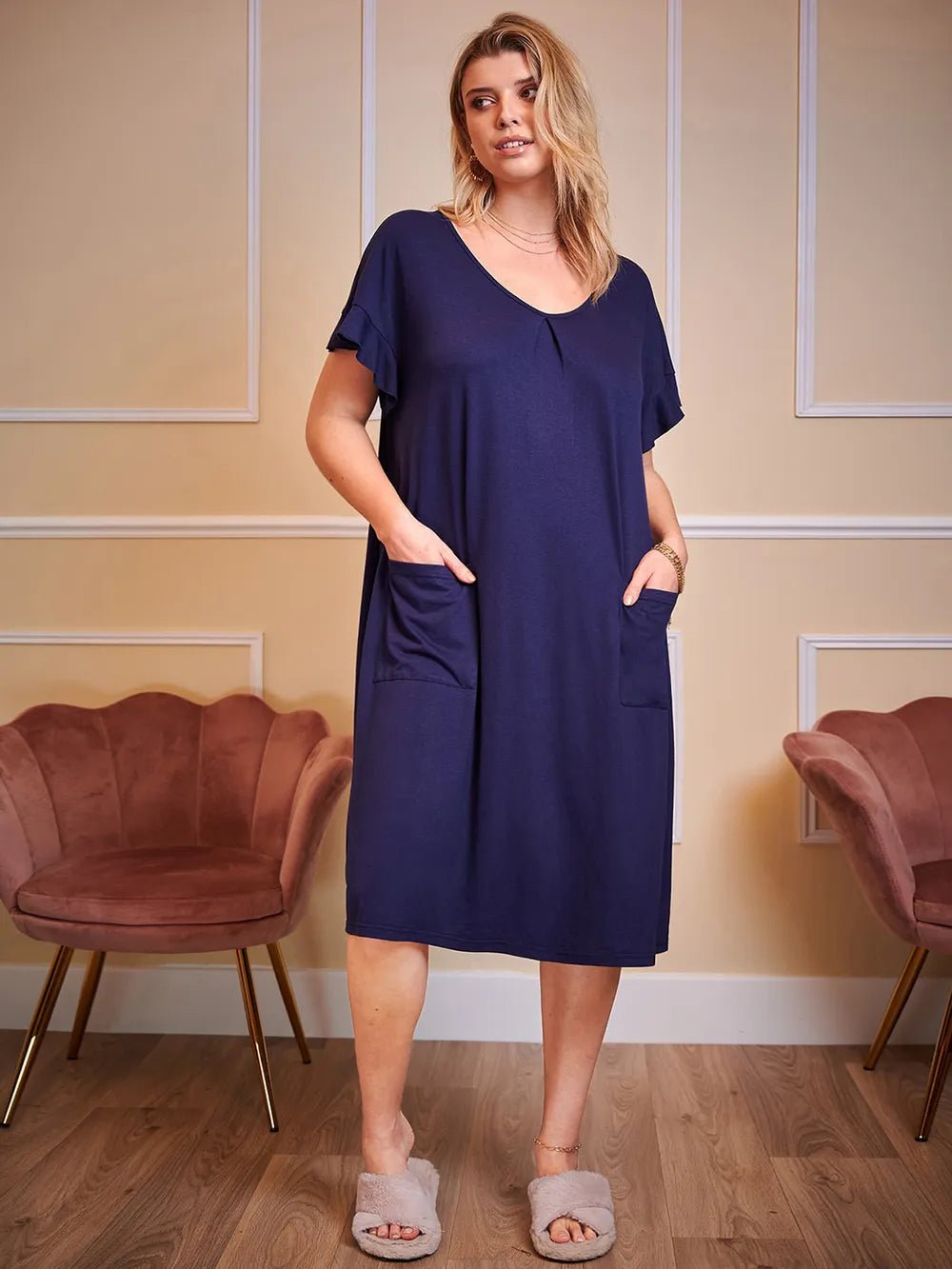 Plus Size Round Neck Short Sleeve Lounge Dress - BlissfulBody.Boutique