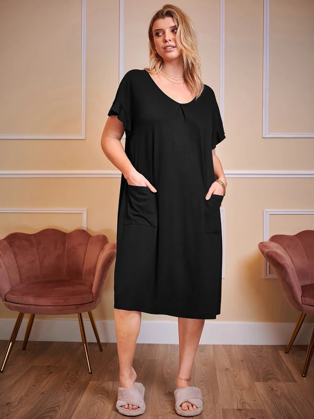 Plus Size Round Neck Short Sleeve Lounge Dress - BlissfulBody.Boutique