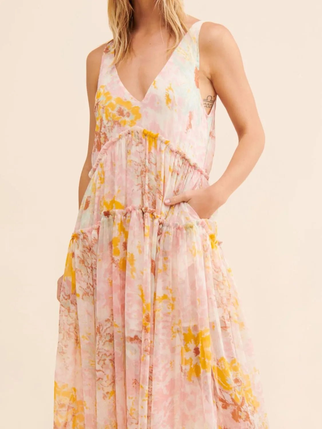 Printed V - Neck Sleeveless Dress - BlissfulBody.Boutique