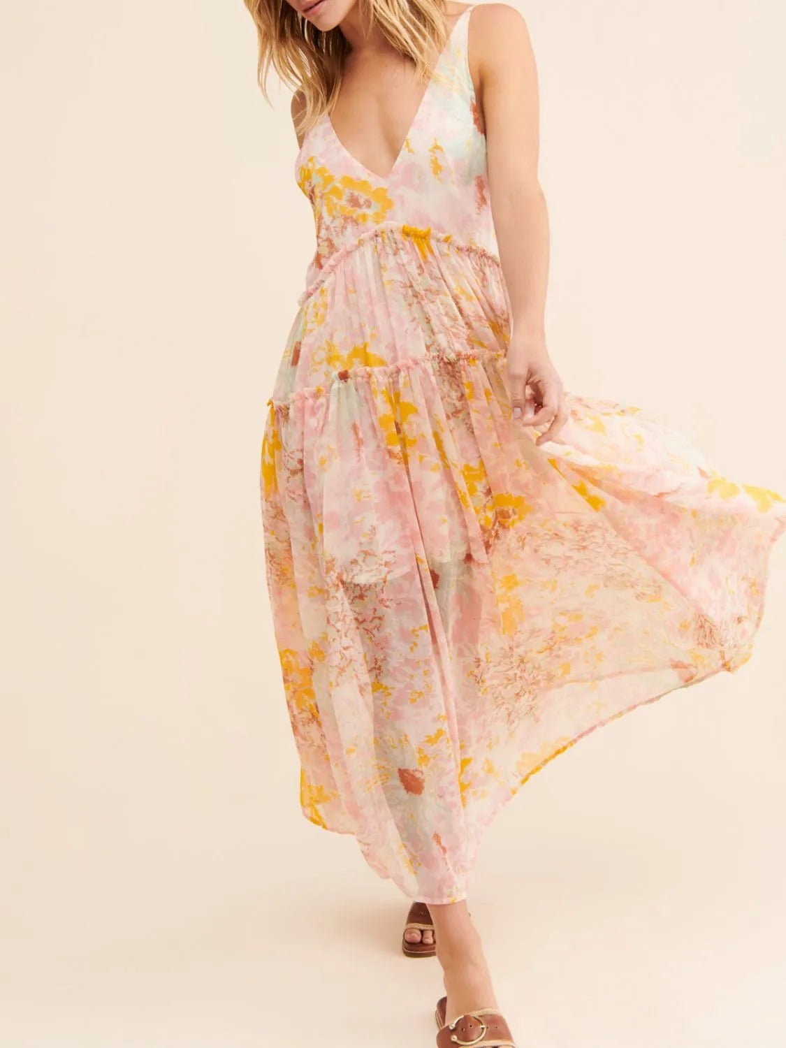 Printed V - Neck Sleeveless Dress - BlissfulBody.Boutique
