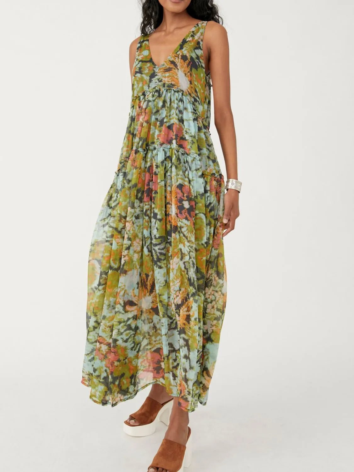 Printed V - Neck Sleeveless Dress - BlissfulBody.Boutique
