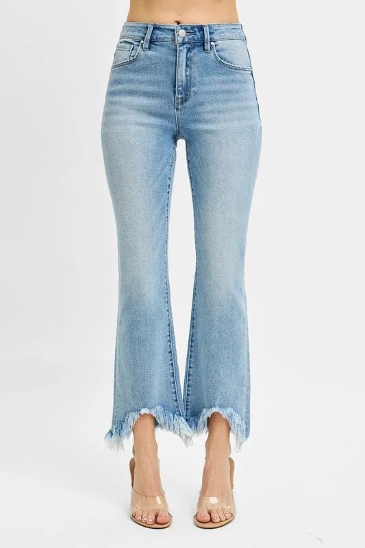 RISEN Full Size High Rise Crop Bootcut Fray Hem Jeans Plus Size - BlissfulBody.Boutique
