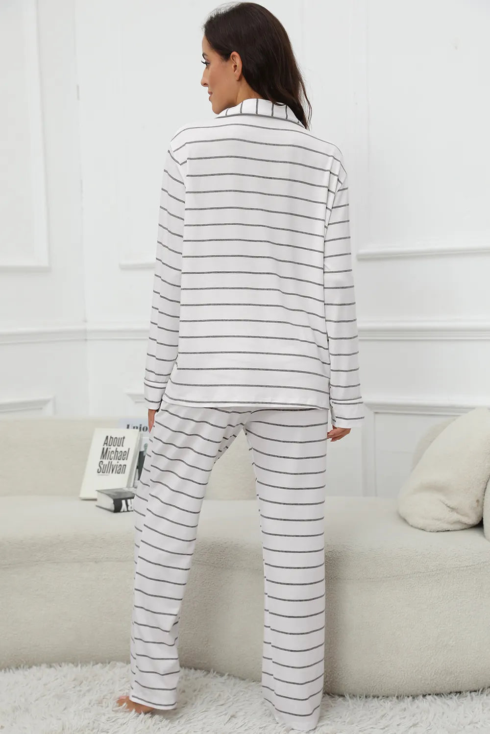 Striped V - Neck Long Sleeve Top and Pants Lounge Set - BlissfulBody.Boutique