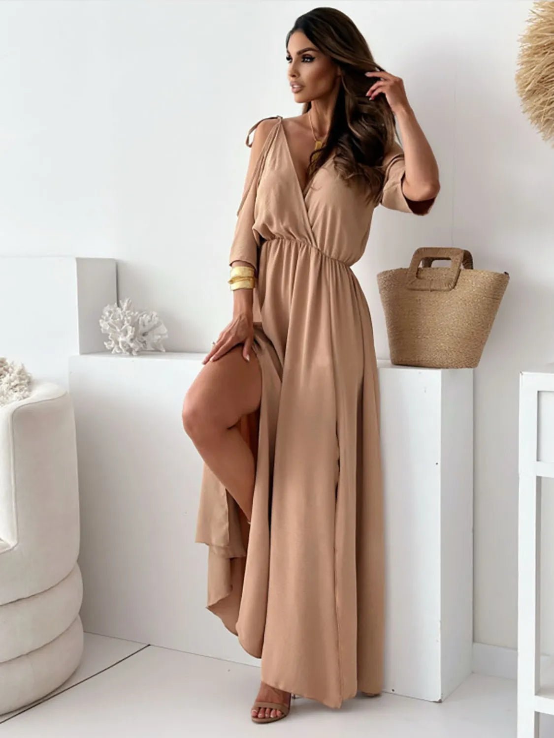 Tied Shoulder Slit Maxi Dress - BlissfulBody.Boutique