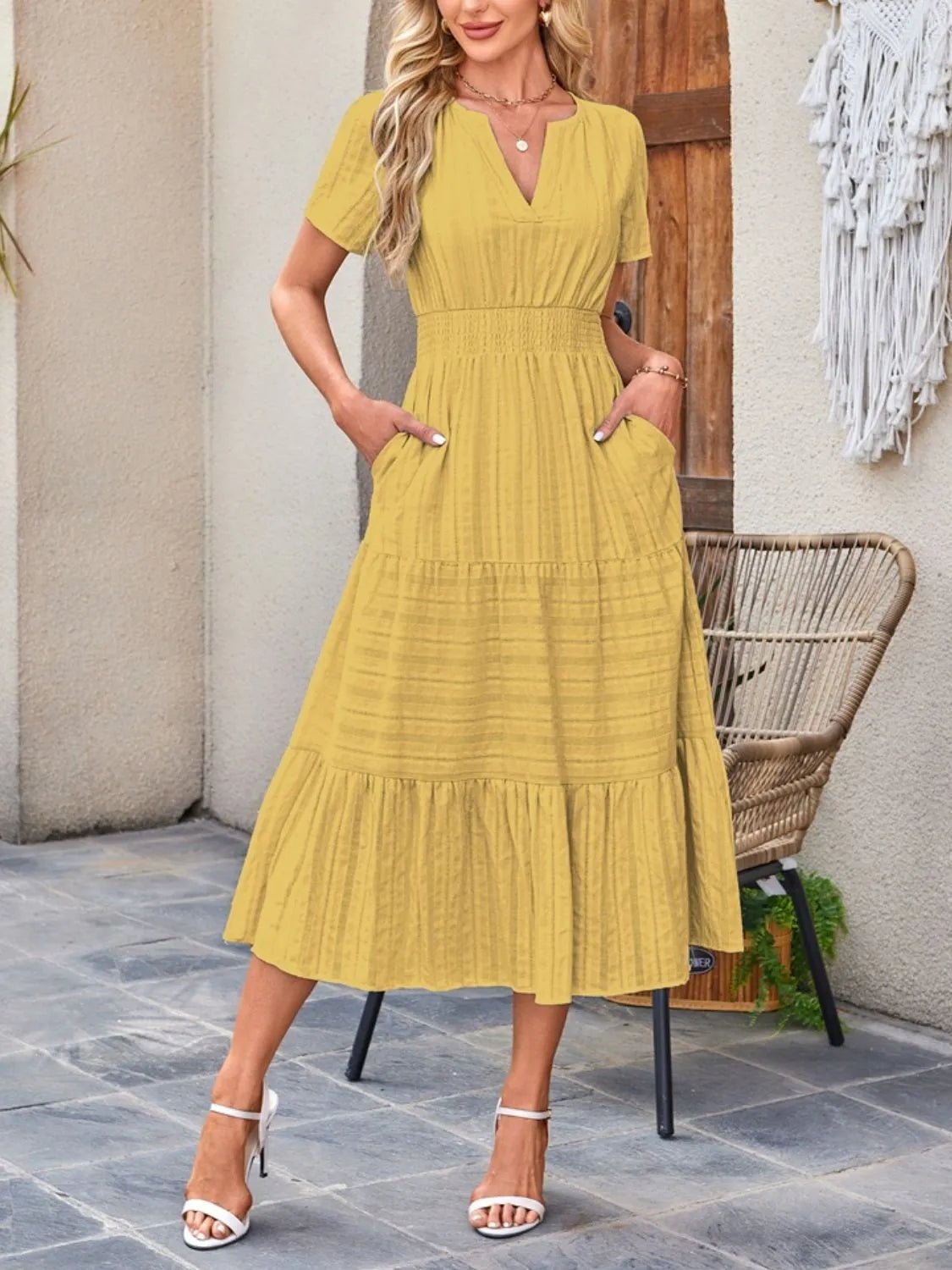 Tiered Notched Short Sleeve Dress - BlissfulBody.Boutique