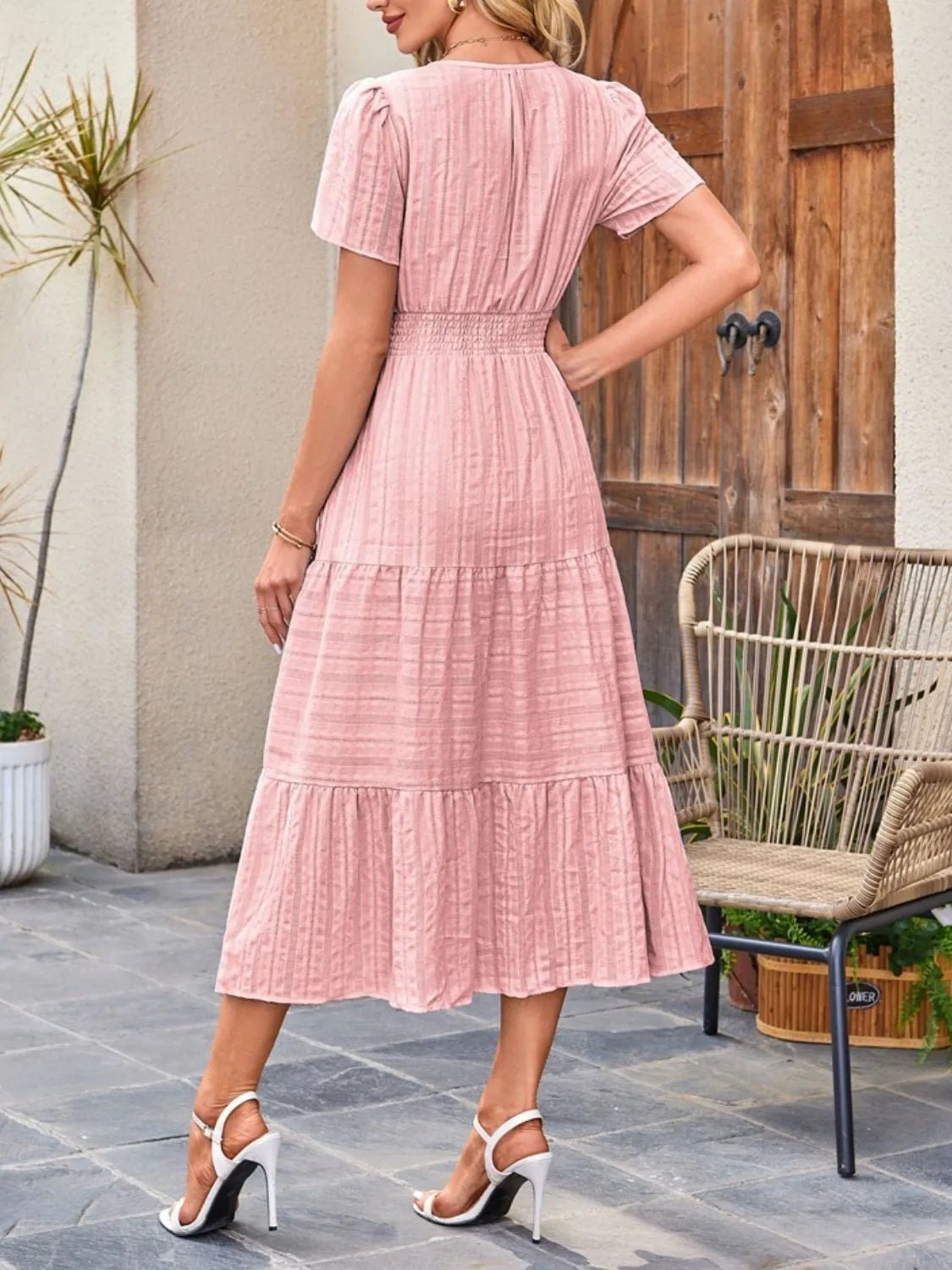 Tiered Notched Short Sleeve Dress - BlissfulBody.Boutique