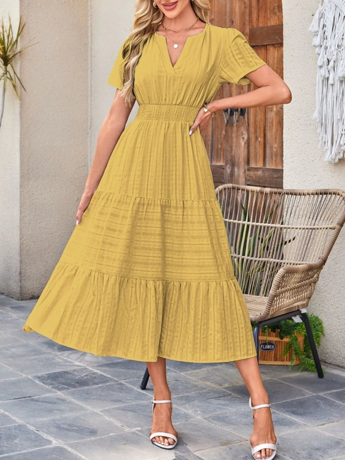 Tiered Notched Short Sleeve Dress - BlissfulBody.Boutique