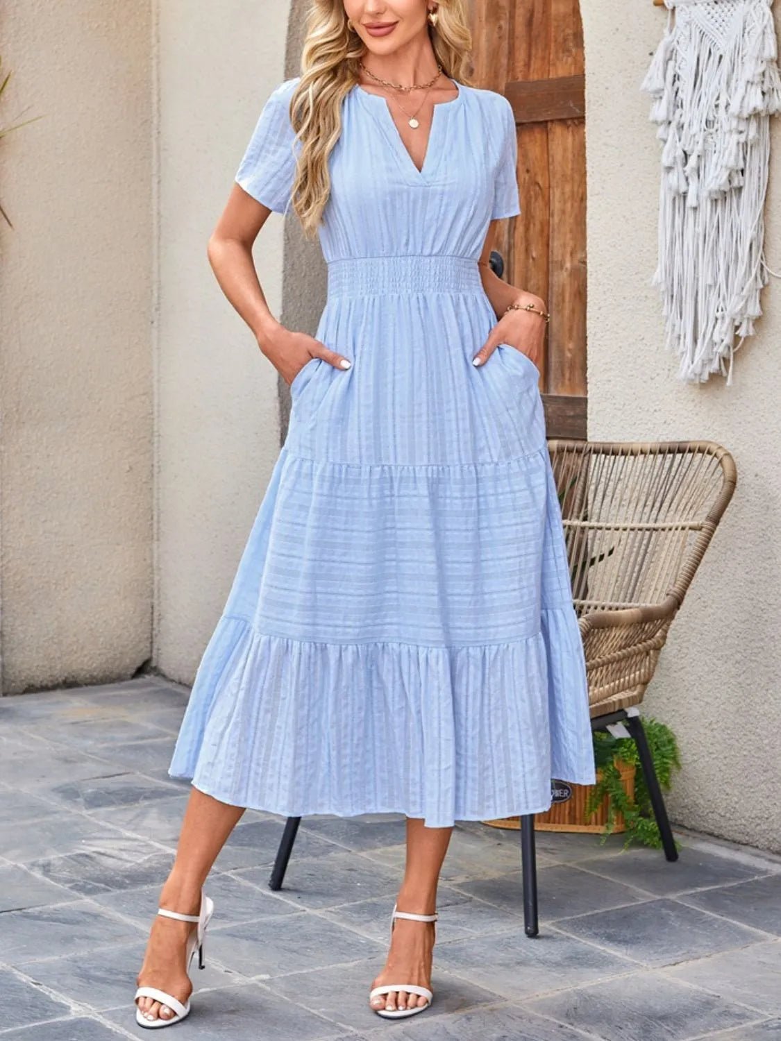 Tiered Notched Short Sleeve Dress - BlissfulBody.Boutique
