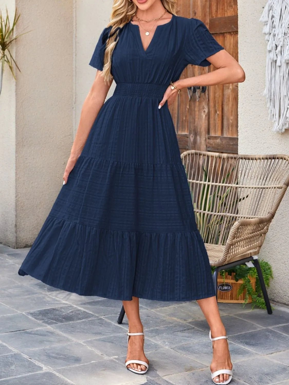 Tiered Notched Short Sleeve Dress - BlissfulBody.Boutique