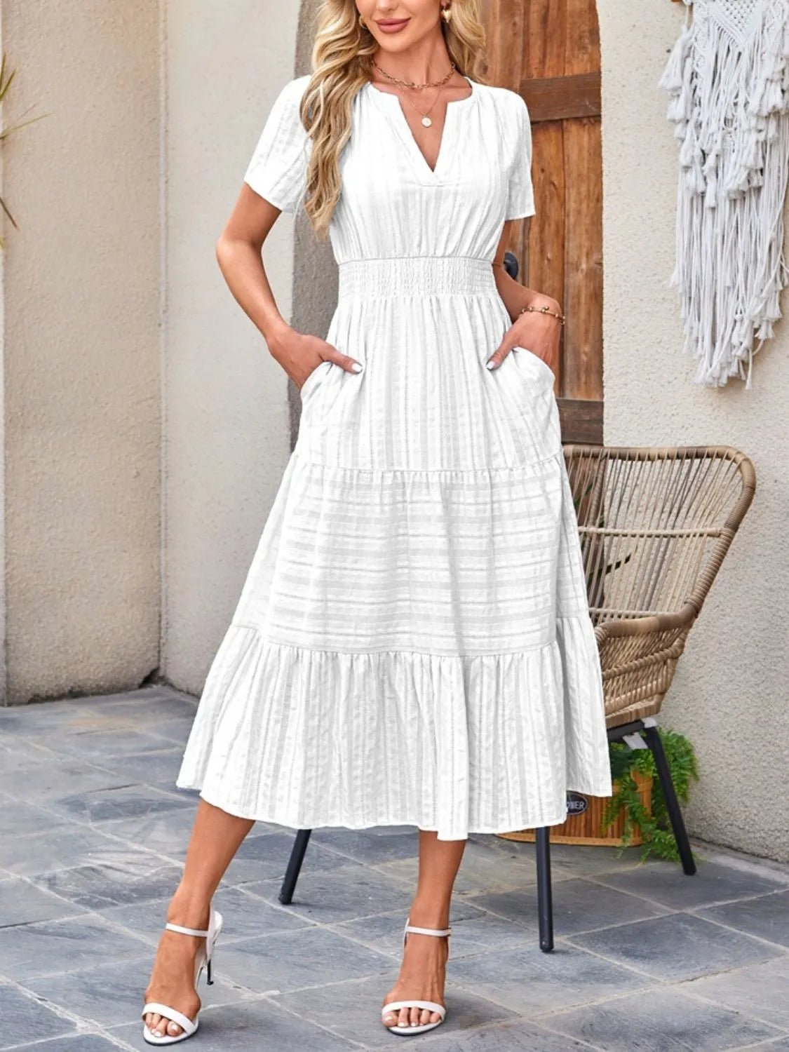 Tiered Notched Short Sleeve Dress - BlissfulBody.Boutique