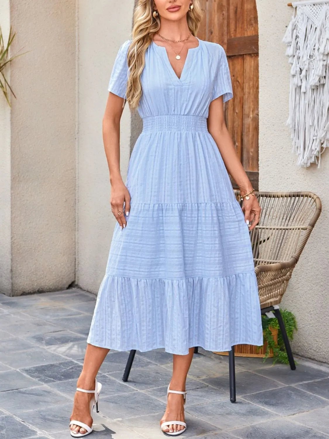 Tiered Notched Short Sleeve Dress - BlissfulBody.Boutique