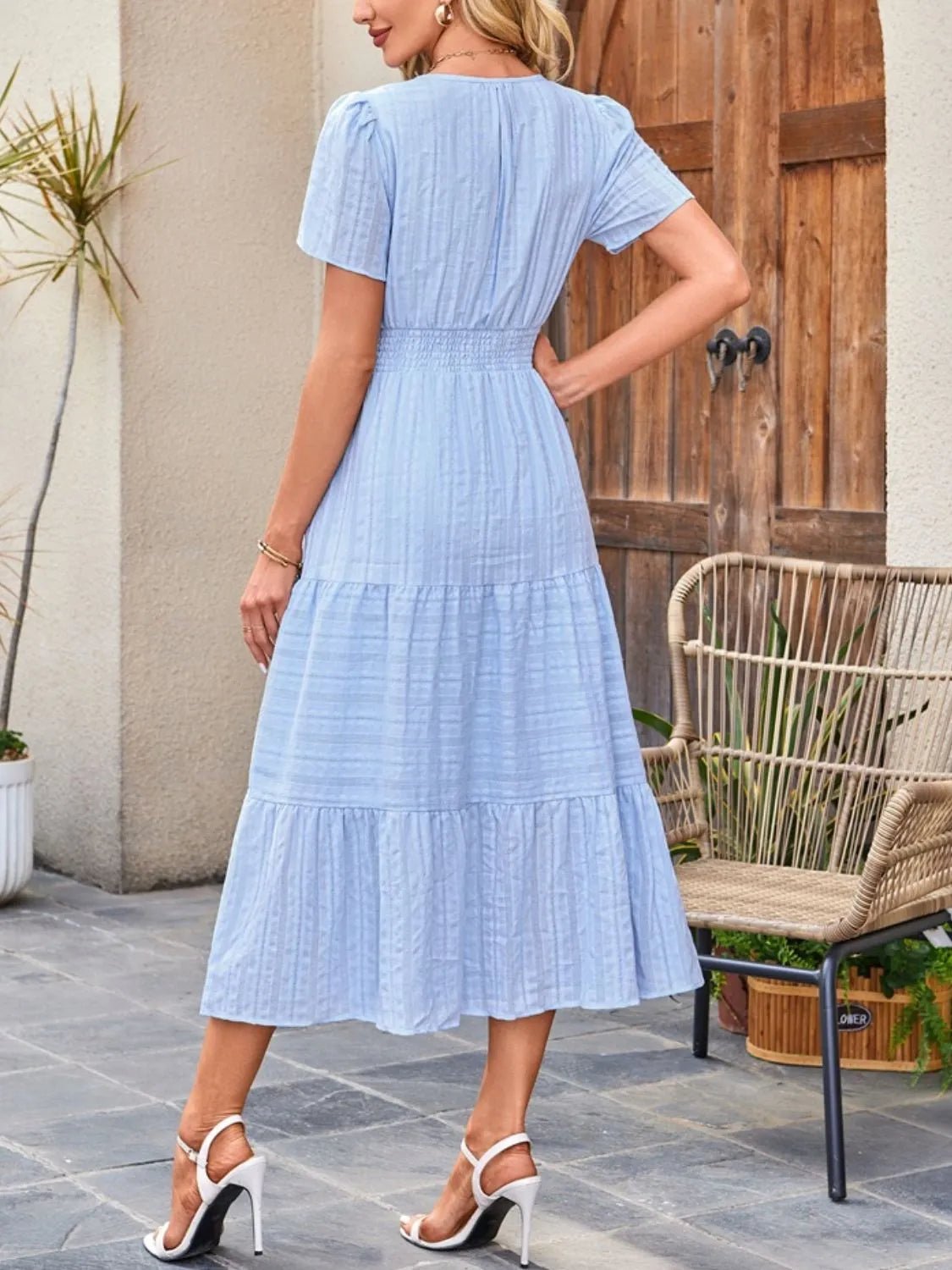 Tiered Notched Short Sleeve Dress - BlissfulBody.Boutique