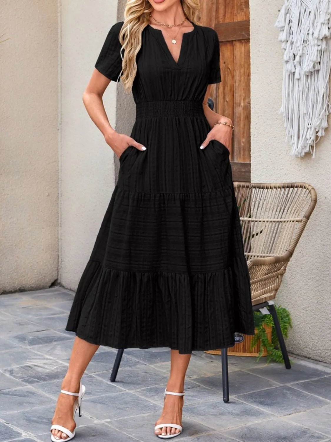 Tiered Notched Short Sleeve Dress - BlissfulBody.Boutique