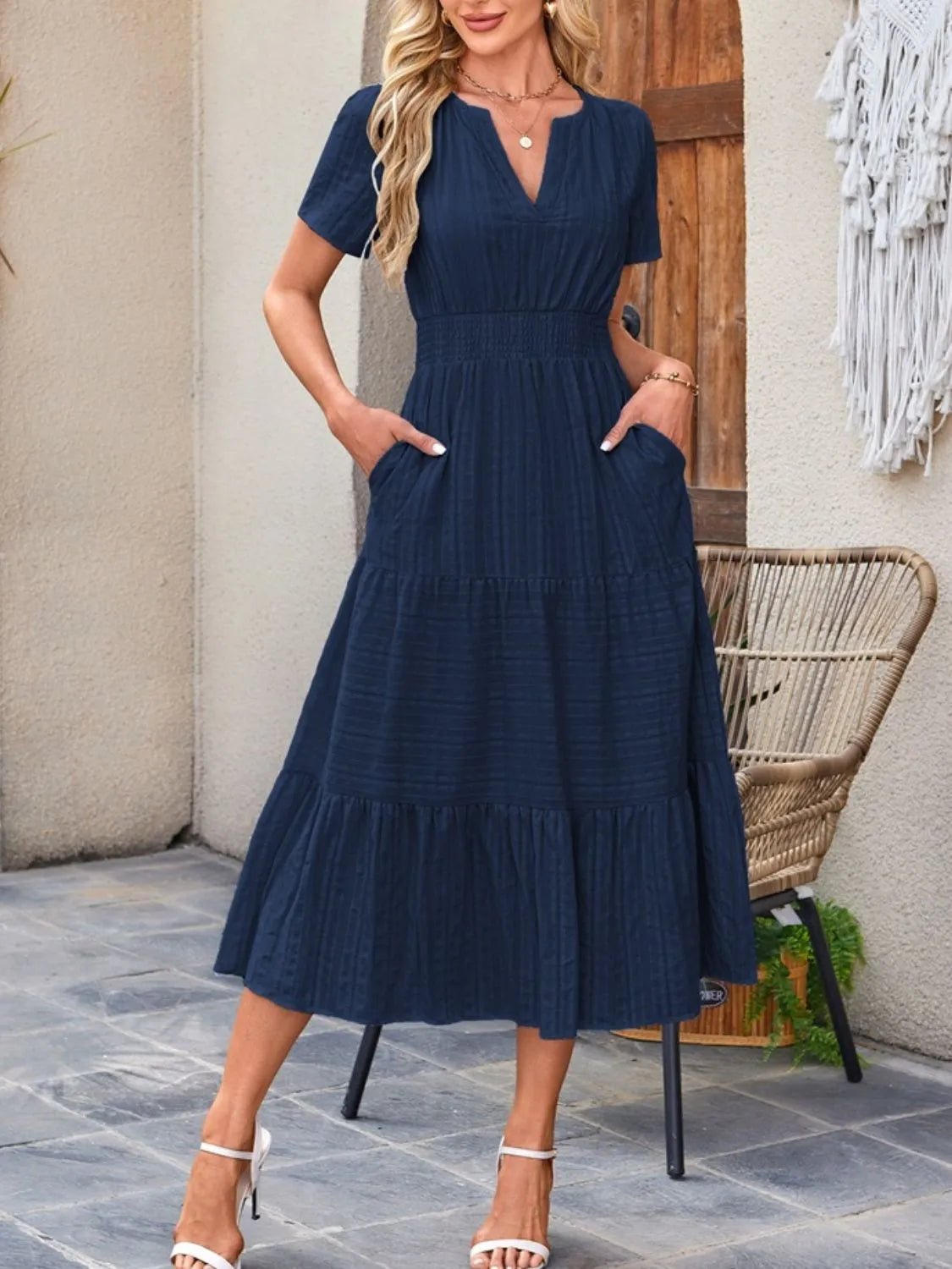 Tiered Notched Short Sleeve Dress - BlissfulBody.Boutique