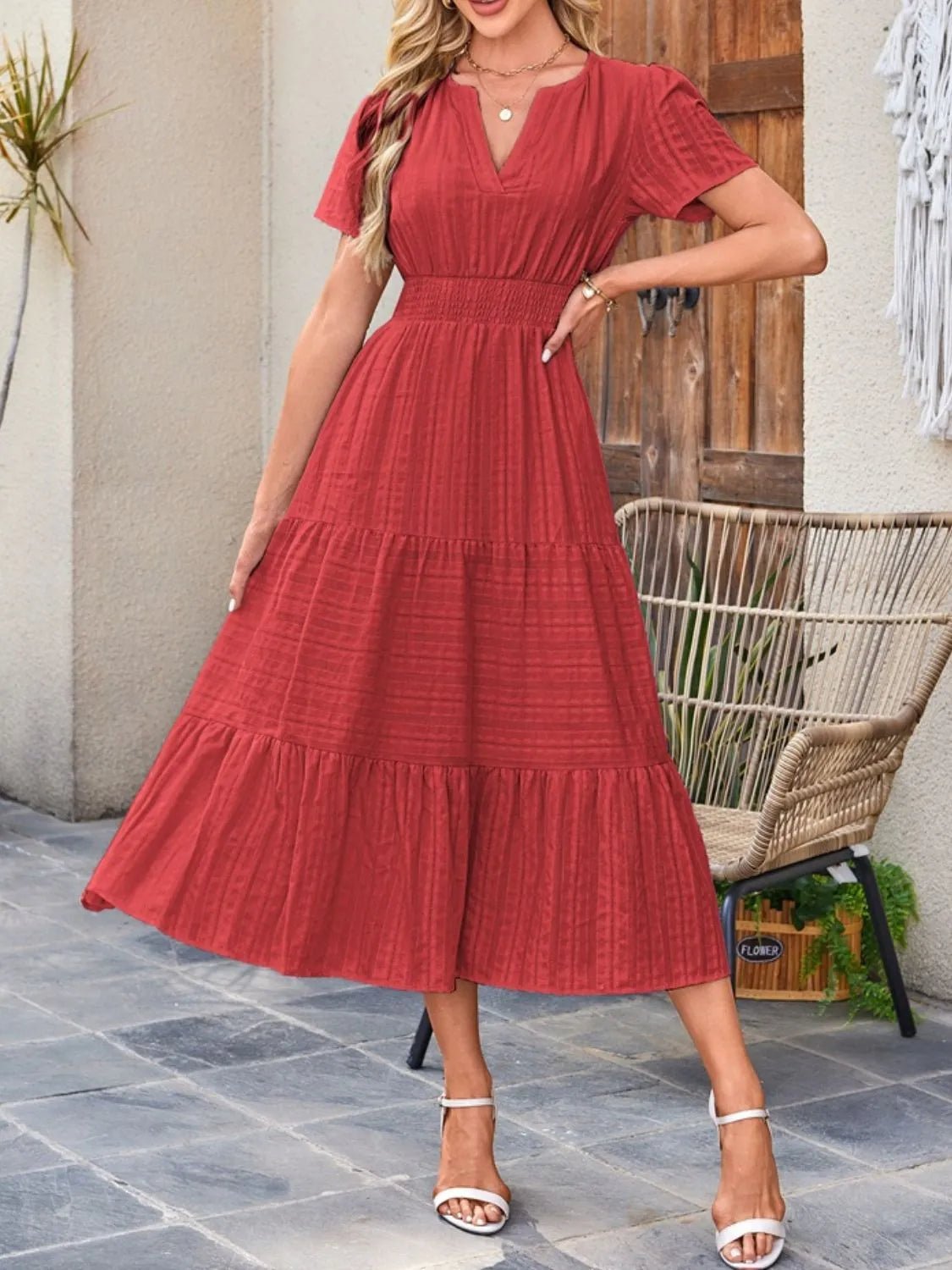 Tiered Notched Short Sleeve Dress - BlissfulBody.Boutique