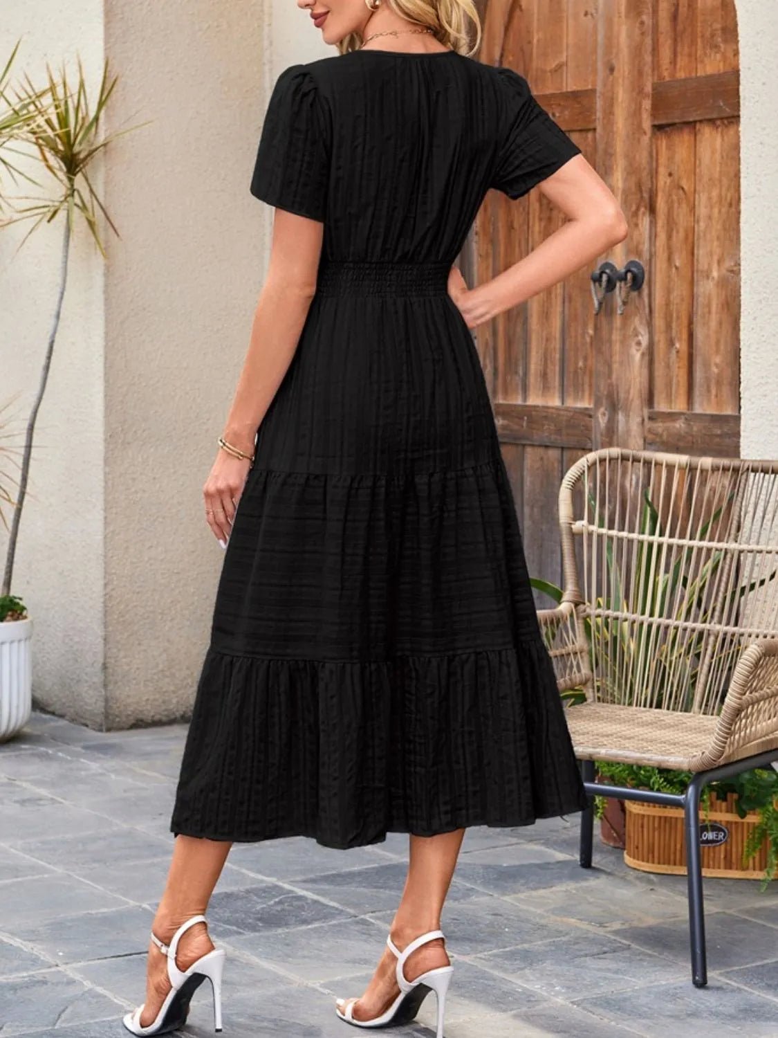 Tiered Notched Short Sleeve Dress - BlissfulBody.Boutique