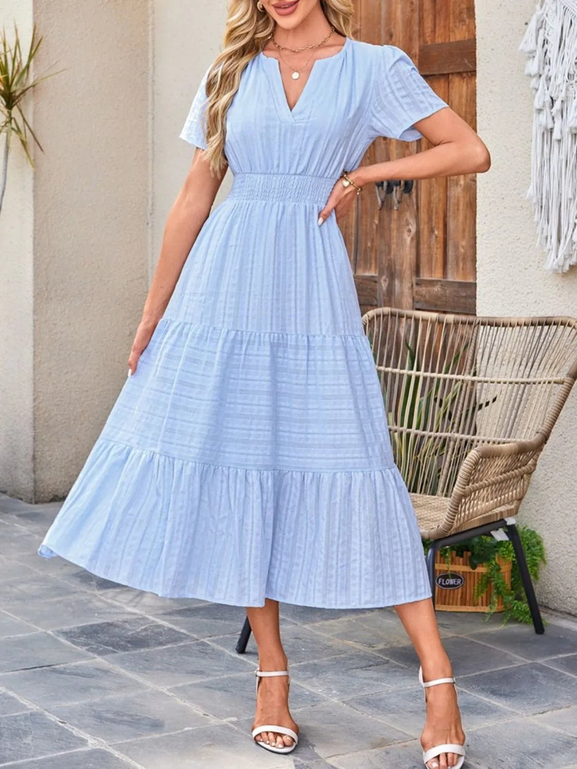 Tiered Notched Short Sleeve Dress - BlissfulBody.Boutique