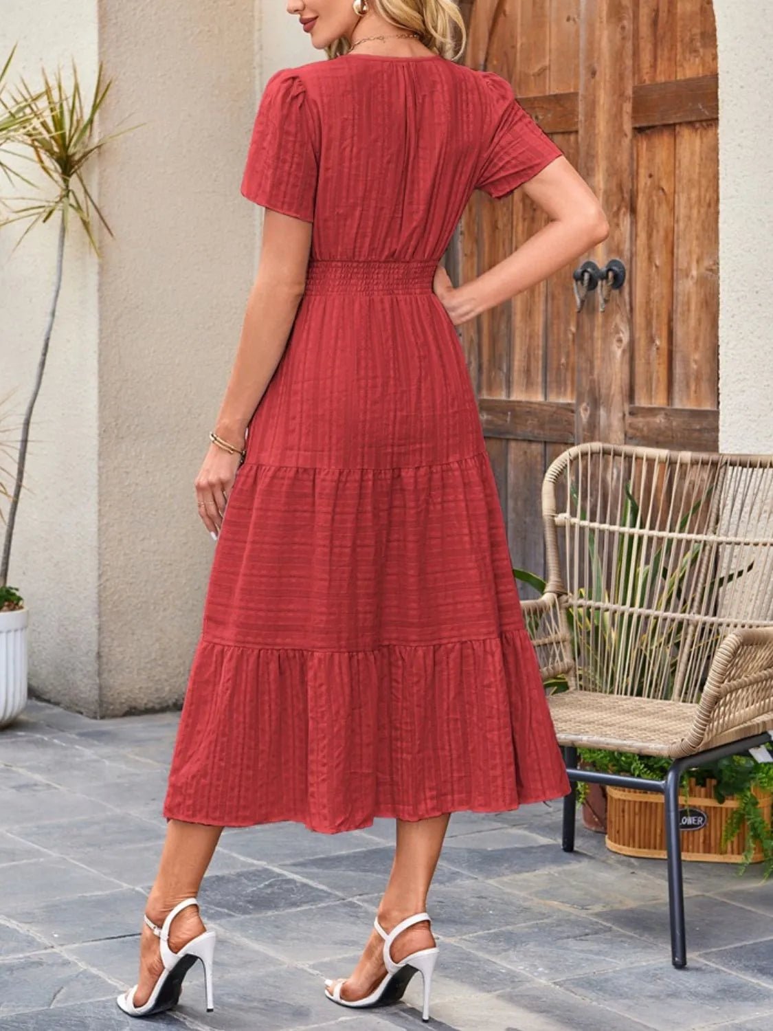 Tiered Notched Short Sleeve Dress - BlissfulBody.Boutique