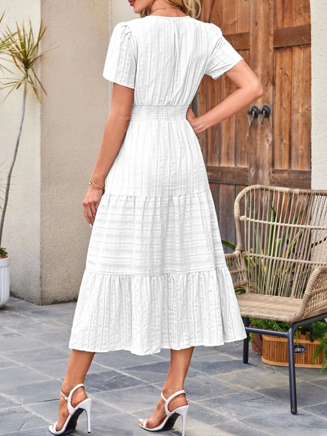 Tiered Notched Short Sleeve Dress - BlissfulBody.Boutique