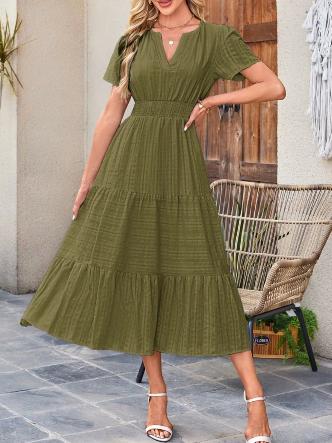 Tiered Notched Short Sleeve Dress - BlissfulBody.Boutique