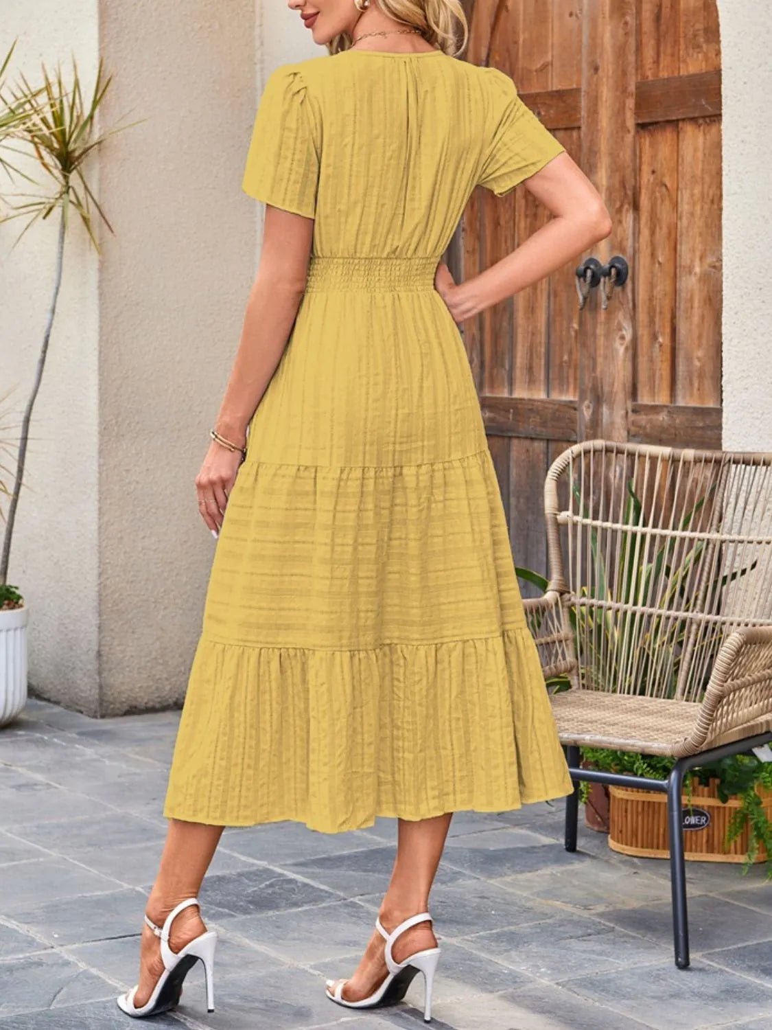 Tiered Notched Short Sleeve Dress - BlissfulBody.Boutique