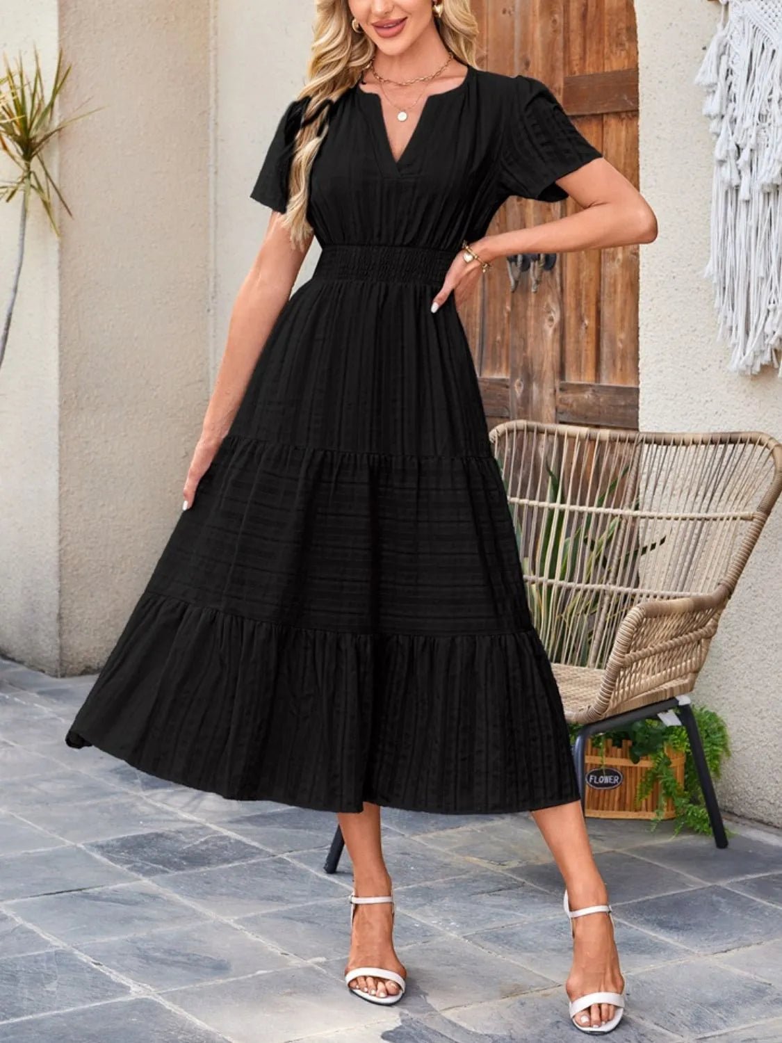Tiered Notched Short Sleeve Dress - BlissfulBody.Boutique