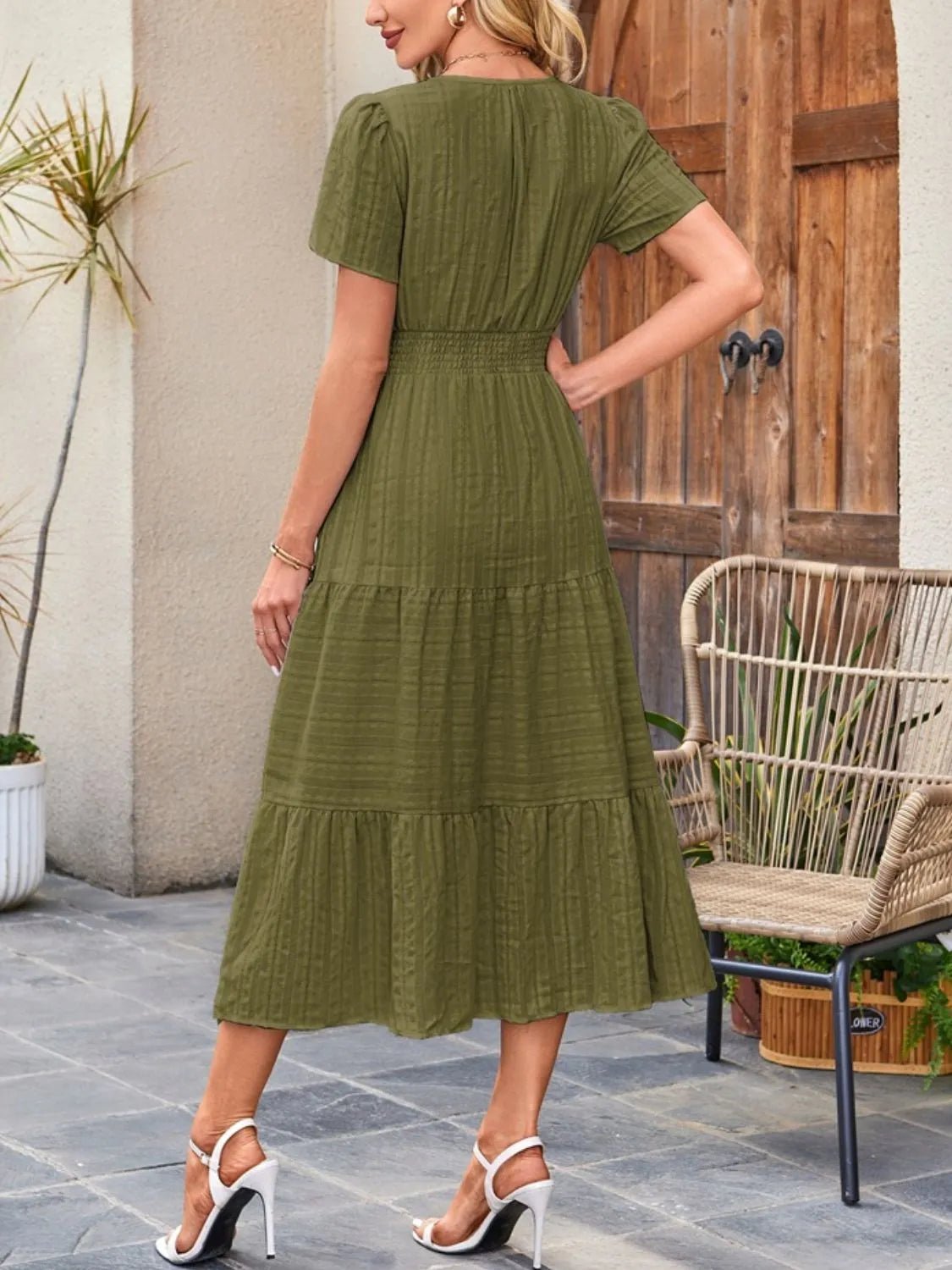 Tiered Notched Short Sleeve Dress - BlissfulBody.Boutique