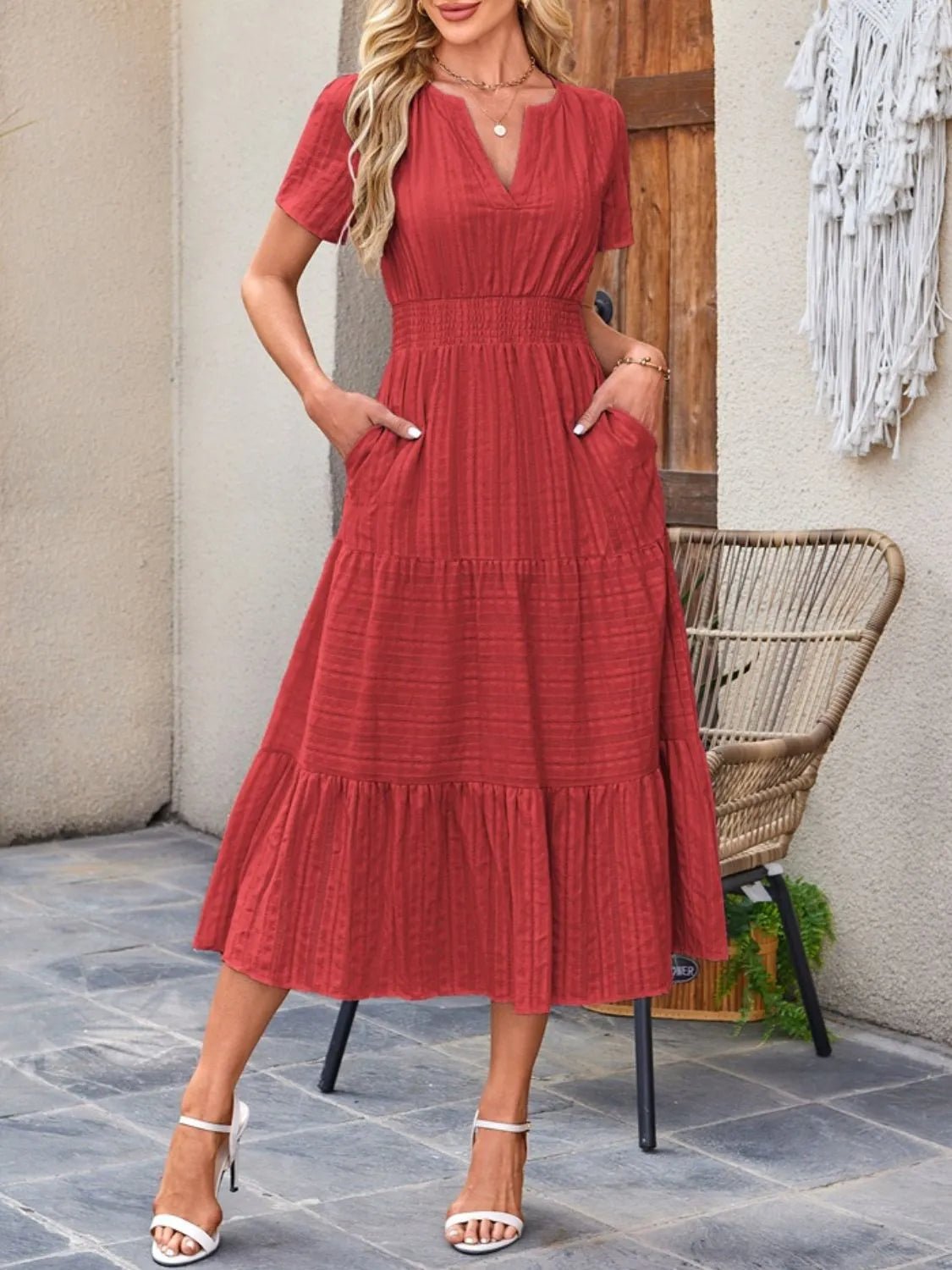 Tiered Notched Short Sleeve Dress - BlissfulBody.Boutique