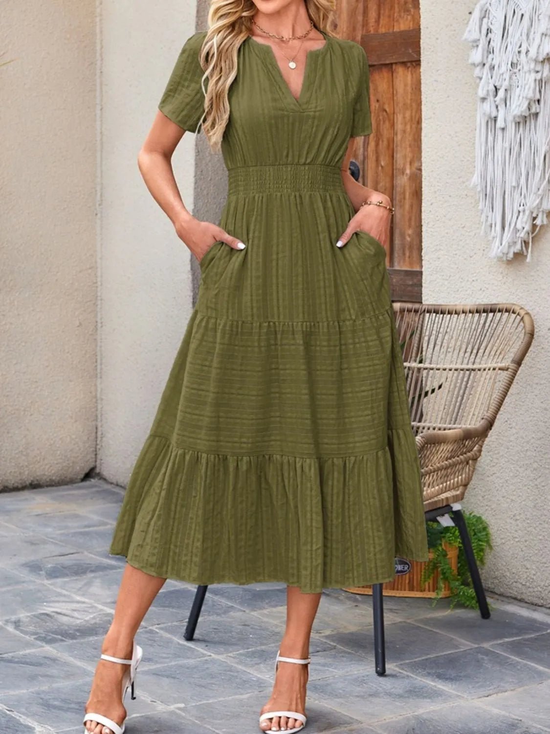 Tiered Notched Short Sleeve Dress - BlissfulBody.Boutique