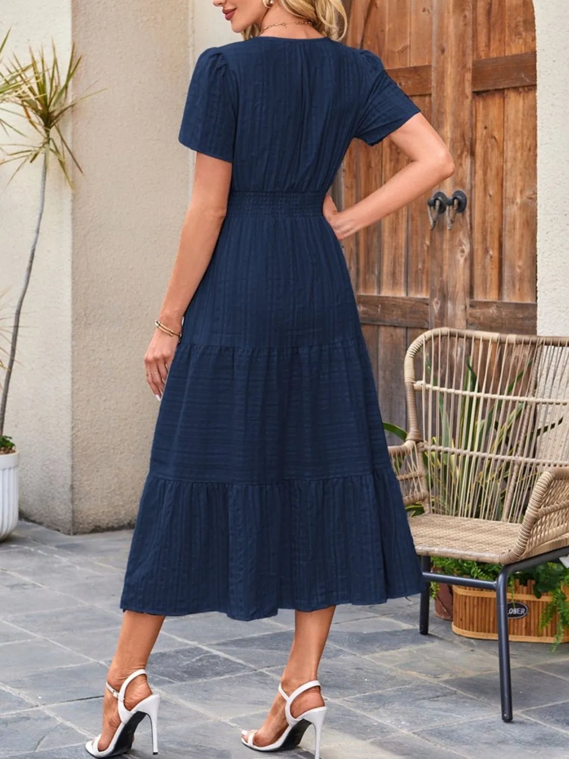 Tiered Notched Short Sleeve Dress - BlissfulBody.Boutique