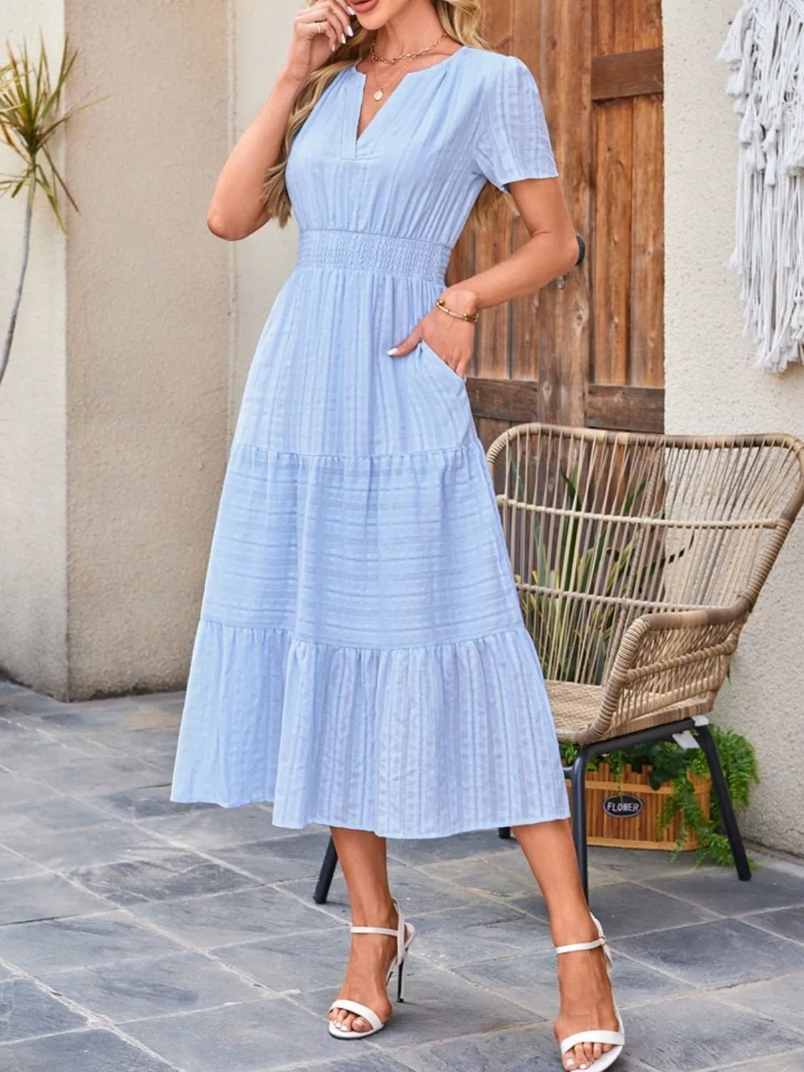 Tiered Notched Short Sleeve Dress - BlissfulBody.Boutique